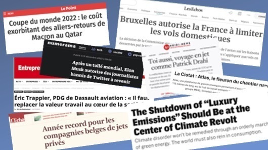 Revue de presse de décembre des RABA JOIE Intro Depuis quelques mois, un petit groupe de rebelles se prépare à lancer une campagne de grande ampleur, nom de code : les RABA Joie. Pour se tenir informé.es des actualités de leurs cibles, iels réalisent une veille médiatique implacable. Voici, mois par mois, le résultat de leurs investigations. DECEMBRE 2022 On commence comme chaque mois par notre moyen de transport préféré 🛩️ En ouverture, un petit florilège des plus beaux déplacements de ce mois : Emmanuel Macron fait deux allers-retours au Qatar en 3 jours pour assister aux deux derniers matchs de l’équipe de France ⚽. Bilan : 480 tonnes de CO2 et 500.000 euros. Les stars américaines Kylie Jenner et Travis Scott font jet à part pour un voyage entre la Floride et la Californie. Parce que l’espace, dans un couple, c’est important. Le couple royal le plus en vue du Royaume Uni, Harry et Meghan, se rendent en jet privé à New York pour le lancement de leur propre série Netflix. Le Real Madrid fait plus fort que le PSG en empruntant un jet pour un trajet de 20 minutes. Patrick Drahi voyage en toute simplicité, un jus de carotte à la main, pour émettre jusqu’à 100 tonnes de CO2 en 22h (trajet effectué fin 2021, données révélées en décembre suite aux fuites de données d’Altice). Et le bilan carbone annuel de 40 célébrités internationales. Un article quelque peu hameçonneur, mais instructif. En plat de résistance, les fabuleuses aventures d’Elon Musk 🚀 sur Twitter : Le 11/12, le créateur du compte de flight tracking @elonjet, traquant comme son nom l’indique le jet d’Elon Musk, publie un tweet dénonçant une visibilité restreinte de ses publications sur le réseau social racheté quelques semaines avant par le milliardaire. Trois jours plus tard, ce même compte, ainsi que plusieurs dizaines d’autres traquant les jets des milliardaires et le compte personnel de son créateur, se voient suspendre. Les arguments avancés en appellent à la protection des données personnelles : “Poster la position géographique de quelqu’un en temps réel viole le règlement sur le ‘doxing’, mais le mettre en ligne en différé est autorisé”, a tweeté Elon Musk pour justifier ces mesures. Quelques instants plus tard, Twitter met à jour ses conditions d’utilisation pour intégrer ces nouvelles règles. De nombreux médias commentent cette décision qui contredit les assurances données lors du rachat du réseau social : en France, les articles de France info, le Républicain Lorrain, RTL, Le Monde, Huffington Post, Capital… Dans la foulée, des comptes de journalistes ayant relayé ou commenté l’information se voient également censurés. La riposte du monde médiatique ne se fait pas attendre et le milliardaire se voit contraint de faire volte-face 24 h plus tard devant un tollé international, notamment de la part de porte-paroles de l’Union européenne et des Nations unies. Il finit par lancer un vote des utilisateurs de la plateforme, à l’issue duquel 57,5% des votants sont favorables à sa démission. Où l’on salue la beauté de la démocratie 🏛️. De son côté, Jack Sweeney revient le 22/12 sur Twitter en publiant dorénavant les déplacements d’Elon… avec 24 h de décalage ✌️ Pour aller plus loin : l’ensemble des ressources compilées par le jeune activiste sont recensées sur son site. 🍰 Quelques douceurs pour finir ? Dans une interview au journal Entreprendre, Eric Trappier (PDG Dassault France) se dit “choqué” du terme “jet privé”, argumentant qu’il s’agit plutôt d’une aviation utilisée “à 80 % par des entreprises et à plus de 10 % par des institutions (missions gouvernementales, militaires, sanitaires…). » Dans sa lancée, il déclare que le “business jet bashing est une question politique et très franco-française”, souhaitant “traiter le sujet de la décarbonation au niveau mondial” en faisant “confiance aux autorités qui ont fixé des objectifs”. Avant de s’adresser directement aux écologistes : “concentrez-vous vraiment sur ce qui a un fort impact !”. Message reçu. A Lille, une décision de justice rejette le référé pour faire annuler l’autorisation du préfet pour le projet d’extension de l’aéroport. Décembre, c’est l’heure du bilan : Radio France revient dans cette chronique sur une année marquée par l’émergence du flight tracking, et RMC-BFM diffuse une émission revenant sur le profil des usagers, le marché florissant des jets, et les actions menées contre ce qui devient le symbole insupportable d’un mode de vie dépassé. Un dernier cadeau pour la fin de l’année ? Allez voir cette vidéo d’Emirates pour perpétuer la magie de Noël 🎅 et, pourquoi pas, offrez-vous aux enchères un ancien jet d’Elvis Presley 🎁. 🛥️ Sur l’eau La saison est moins propice aux voyages en mer 👙, mais la suite se prépare avec la construction en Albanie d’une marina de luxe pour super-yachts pour la modique somme de 2,5 milliards d’euros, ou la nouvelle plateforme de méga-yachts de la Ciotat, inaugurée avec émotion le 22 novembre par Patrick Ghigonetto, président de La Ciotat Shipyards. 🎩 Politique La commission européenne valide l’interdiction française des vols intérieurs pour des trajets en avion réalisables en train en moins de deux heures et demie. Un bémol toutefois : au vu de la desserte ferroviaire actuelle de Roissy-CDG, les trajets vers Bordeaux ou Nantes, ainsi que Lyon et Rennes transitant par cet aéroport ne devraient pas subir cette interdiction, qui concerne donc en pratique surtout les liaisons depuis l’aéroport d’Orly, qui avait pris les devants depuis mai 2020. De quoi en limiter l’impact, tout comme le réexamen de cette mesure dans 3 ans. Cette décision française suscite de fortes réactions du secteur aérien, notamment de l’autre côté de la Manche où Willie Walsh, directeur de l’Association du transport aérien international (IATA) la qualifie de “complètement idiote”. Au delà de ces mesures plus symboliques qu’autre chose, le vrai travail reste à faire face à des gouvernants qui disent encore, après 6 rapports du GIEC et 27 COP : “qui aurait pu prédire la crise climatique aux effets spectaculaires encore cet été en France ?”. 🌍 Ca bouge à l’international (ou pas) Au Canada, une taxe sur les produits de luxe (jets, yachts) en vigueur depuis le premier septembre essuie de vives critiques de la part du secteur qui invoque un récent rapport pointant l’échec d’une mesure similaire il y a 30 ans aux USA. La Belgique annonce, elle aussi, une taxe aéroportuaire qui, si elle ne vise pas directement les jets privés, les place implicitement dans le viseur en tenant compte des émissions de CO2, de la pollution de l’air et de la destination, et qui sera encore alourdie pour les vols de moins de 500km. Etant donné la bonne santé des compagnies de jets belges, qui annoncent une année record en cumulant 46.000 heures de vol en 2022 et un nombre de passagers qui est passé de 69.870 à 114.000 en un an, le doute est permis sur l’efficacité de la mesure. Au Royaume-Uni, un ancien député lance une campagne proposant de taxer les voyages en jet pour financer les transports publics. Affaire à suivre 🧐 Et pour voir au delà… #ouvronsnoschakras Trois à quatre vols sur toute une vie ? C’est le maximum, selon Jean-Marc Jancovici, qu’on ne présente plus, invité sur France Inter. Dans l’Express, le PDG de Voyageurs du Monde, Jean-François Rial, lui répond, avec des arguments de compensation carbone et de carburant propre. On aurait préféré parler de sobriété comme dans Alternatives Economiques, car les voyants sont toujours au rouge vif avec des émissions de gaz à effet de serre qui stagnent en France, où l’on a (de nouveau) enregistré l’année la plus chaude jamais connue 🌡️. Et de toute évidence, cette sobriété ne viendra pas des usagers. Elle devra passer par des actions de grande ampleur comme celles menées à Shiphol ou à travers le monde par Scientist Rebellion, nombreuses, coordonnées et déterminées ✊. Finissons quand même l’année avec un sourire (jaune), et le média Vert qui publie un best of des what the phoque écolo de l’année 2022, avec des morceaux de yachts et de jets dedans. Merci pour votre lecture en 2022, on espère que ces revues de presse vous enragent 🔥 et vous inspirent 💚, et on vous donne rendez-vous dans un mois ! ____________________________________________________________ Ca vous a plu ? Vous en voulez encore ?? Go voir les revues de presse des mois précédents 🤩 ! diapositive1 Revue de presse de décembre des RABA JOIE